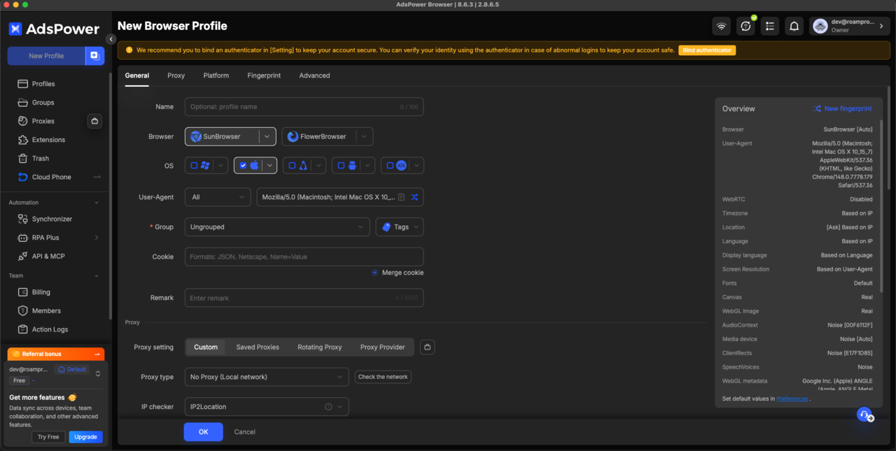 AdsPower New Browser Profile, General tab, naming the profile and choosing macOS