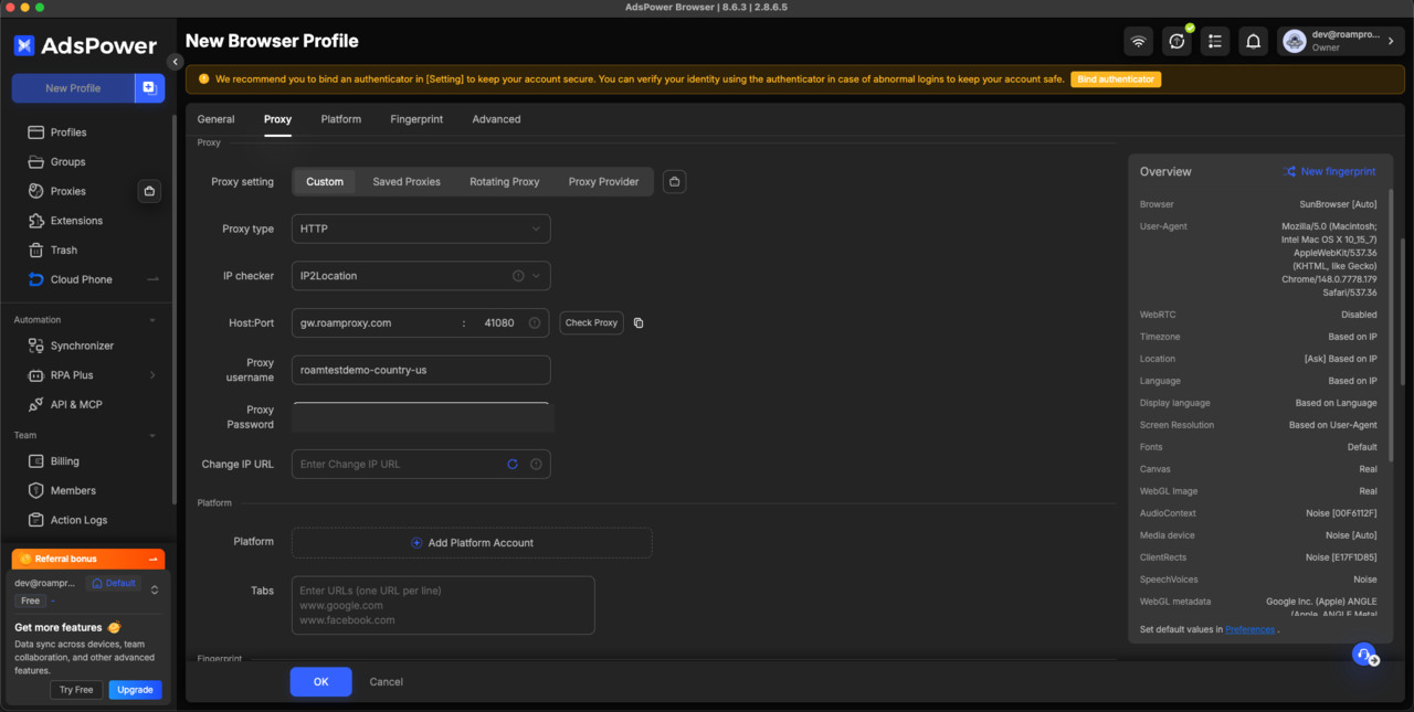 AdsPower Proxy tab set to HTTP with gw.roamproxy.com port 41080 and a country-targeted username