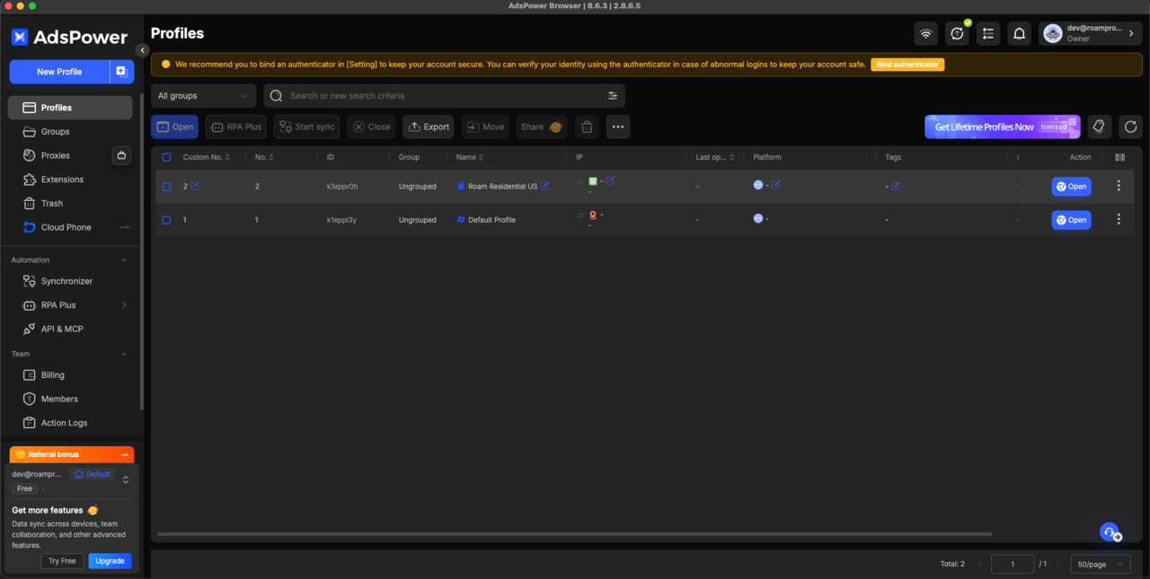 AdsPower profiles list showing the Roam Residential US profile with an Open button