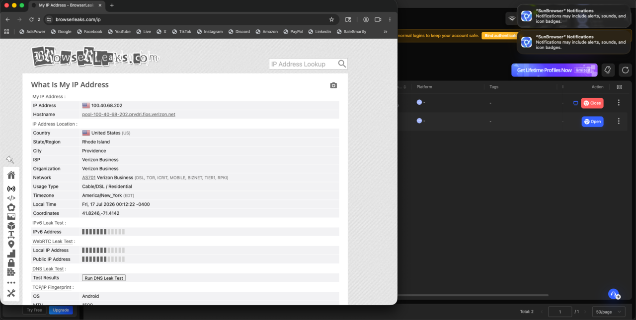 browserleaks.com inside AdsPower showing a US Verizon residential IP, usage type Residential