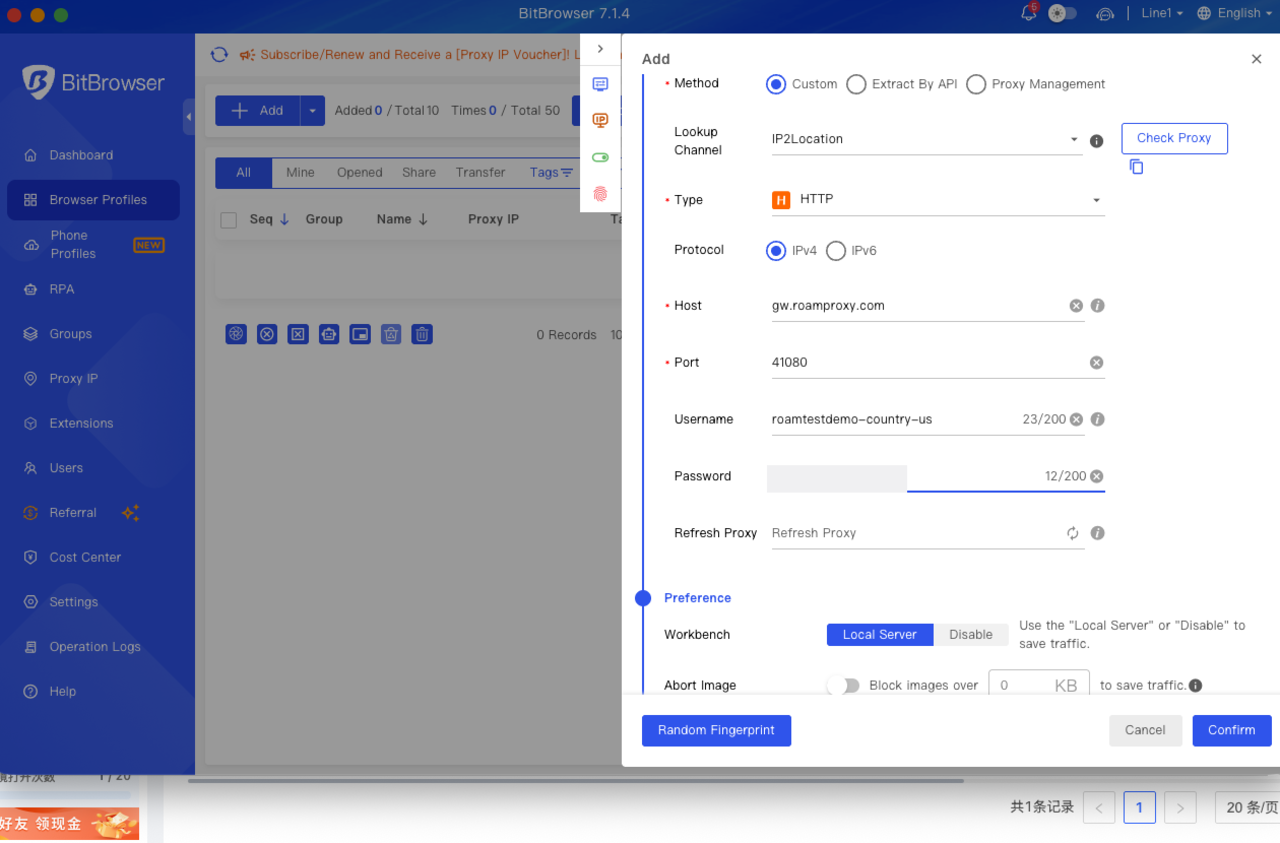 BitBrowser Add profile proxy panel set to Custom, HTTP, gw.roamproxy.com port 41080, country-targeted username