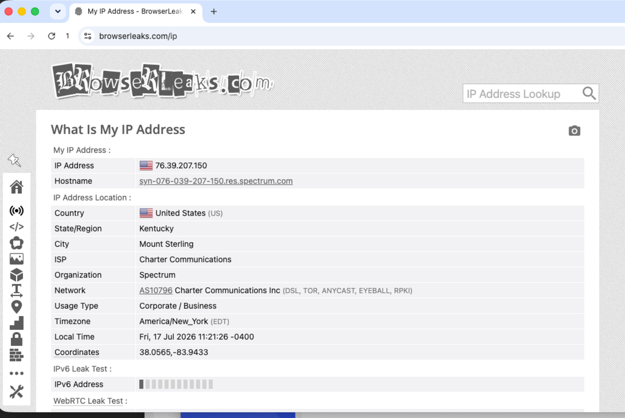 browserleaks.com inside BitBrowser showing a US Charter Spectrum residential IP with a res.spectrum.com hostname