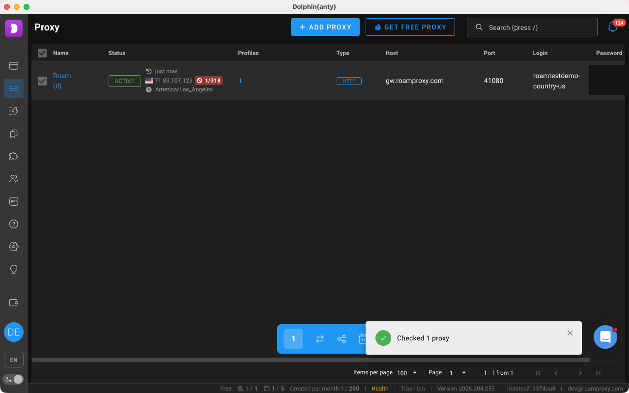 Dolphin Anty 代理管理页显示 Roam US 代理为 ACTIVE,美国出口 IP 与 America/Los_Angeles 时区