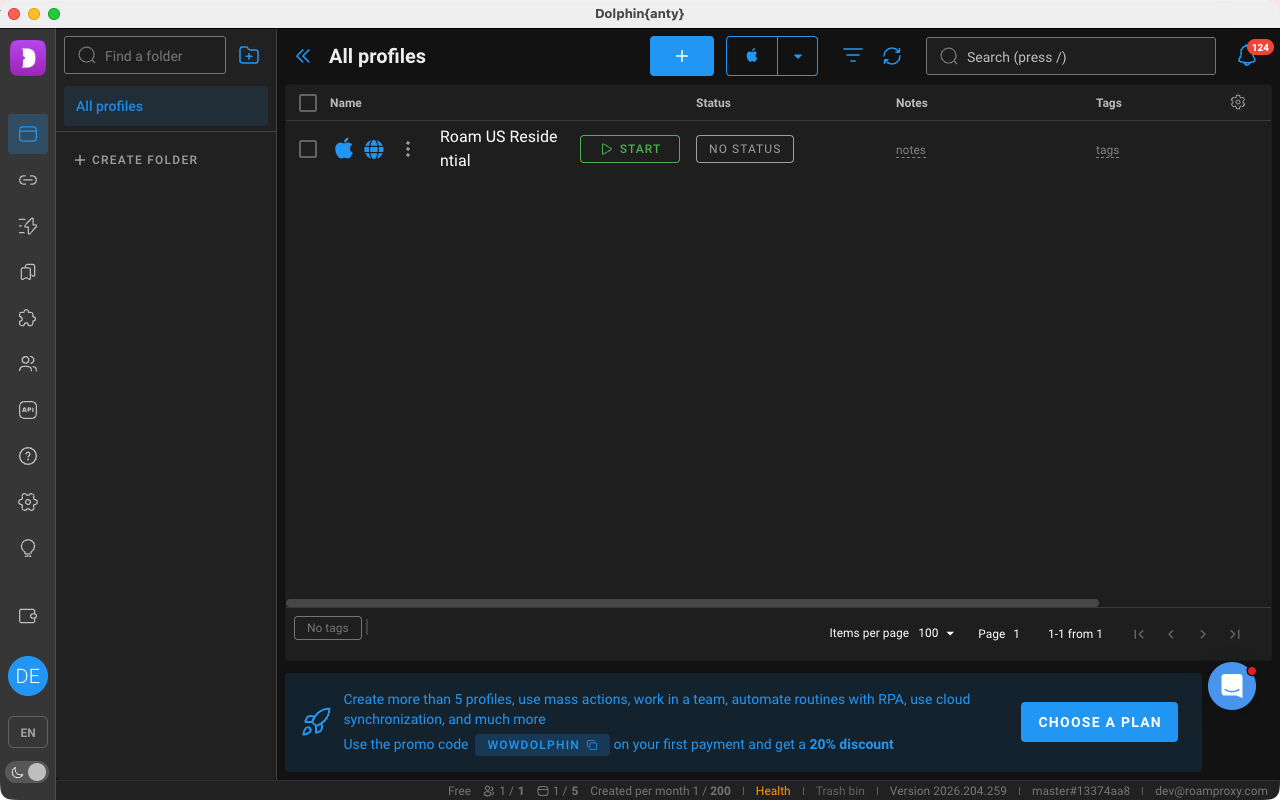 Dolphin Anty 的 All profiles 列表显示 Roam US Residential 及 Start 按钮