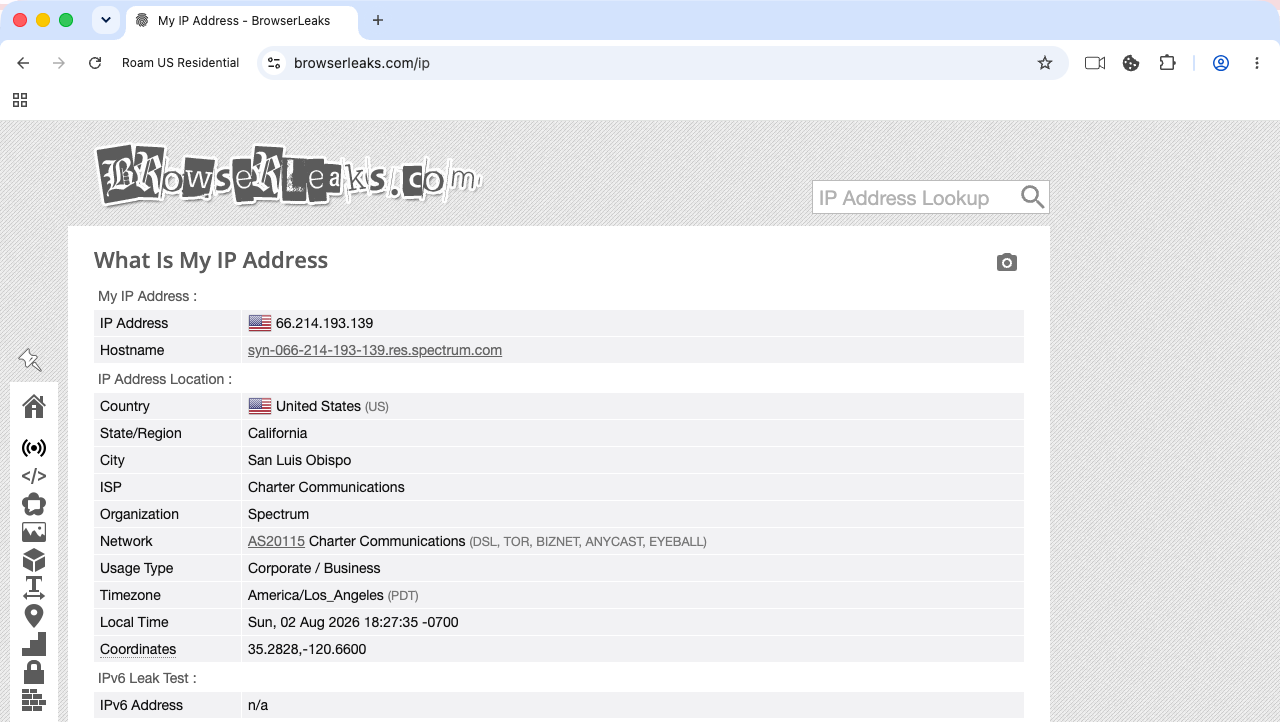 Dolphin Anty 浏览器内 browserleaks 显示美国加州 Charter Spectrum 住宅有线 IP