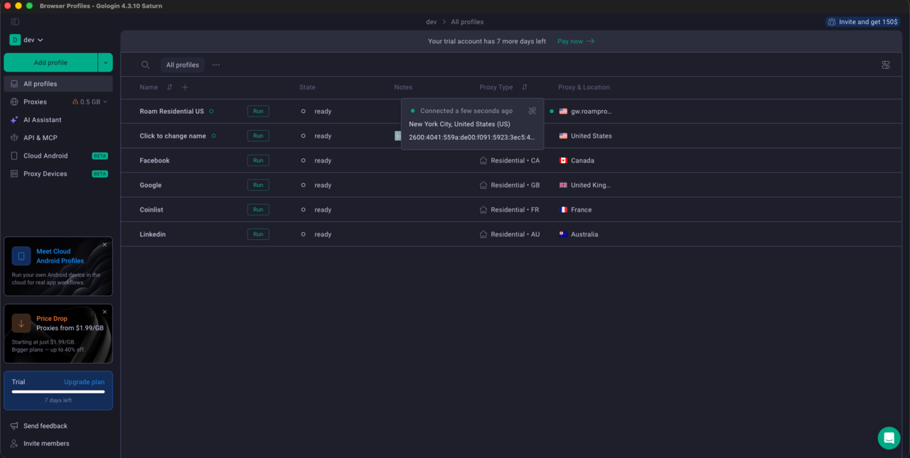 GoLogin 环境列表显示 Roam Residential US 环境已连接,出口纽约 美国
