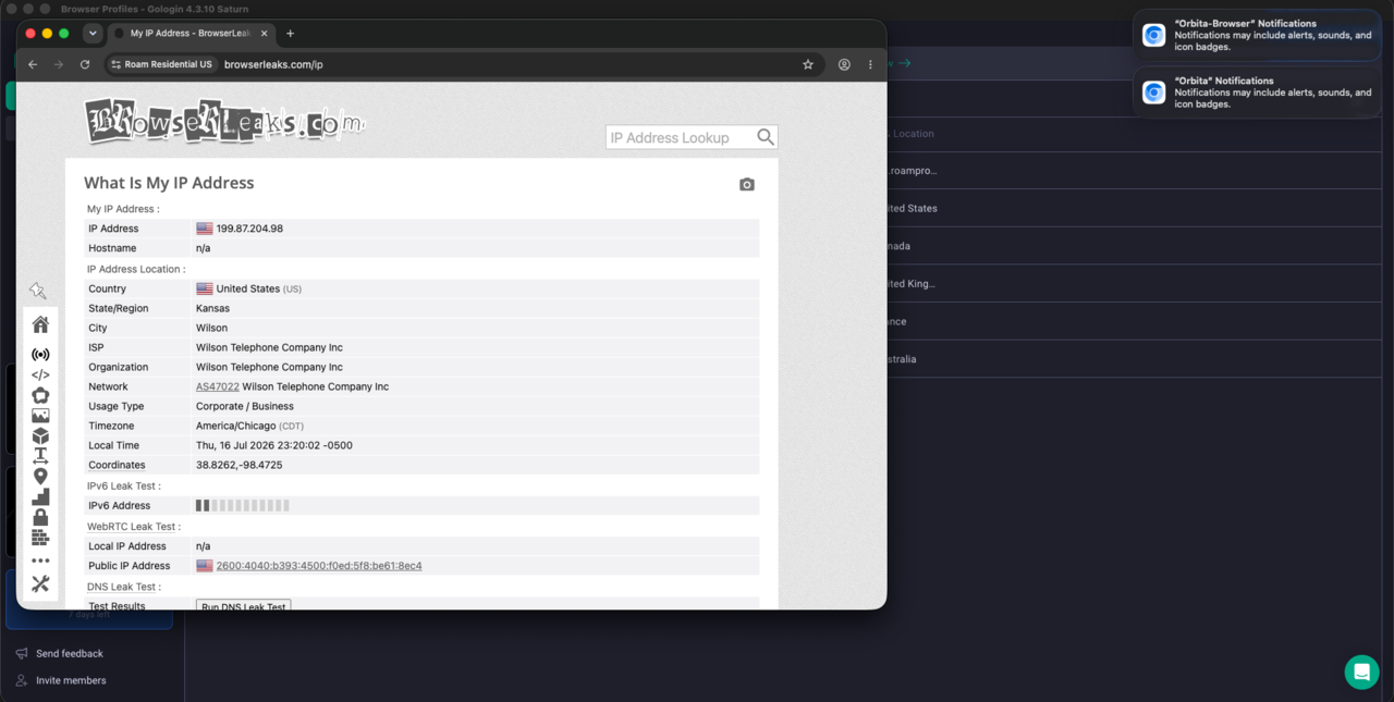 GoLogin Orbita 浏览器内 browserleaks 显示美国堪萨斯 ISP 出口