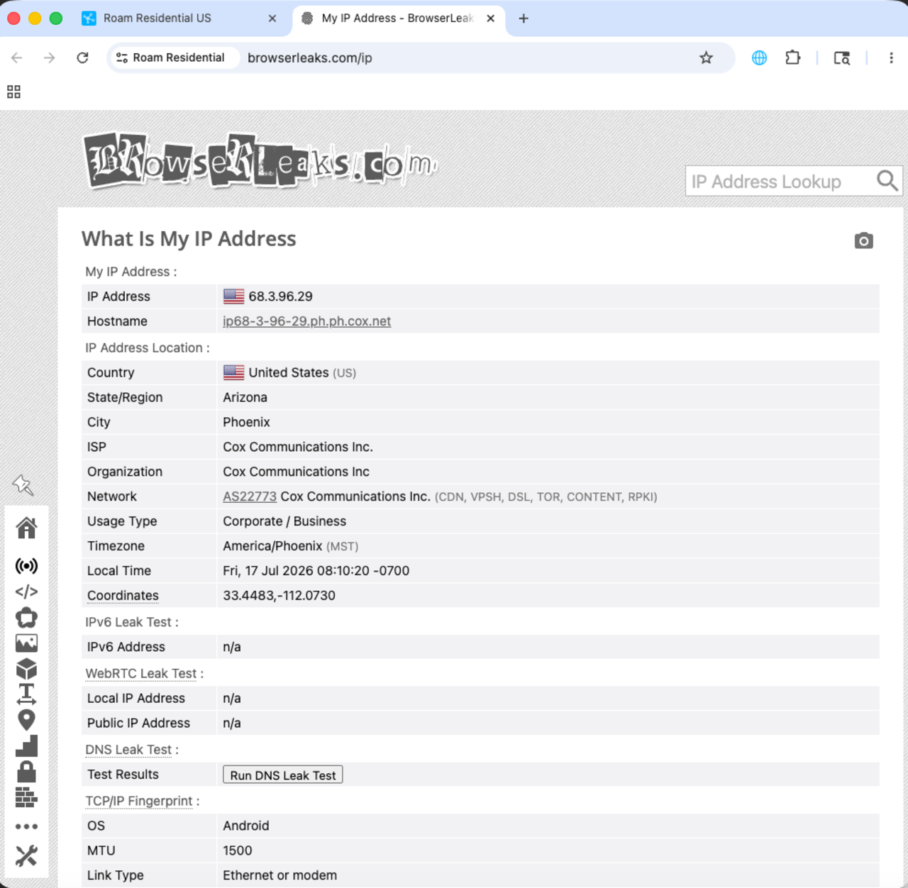browserleaks.com inside Hubstudio showing a US Cox Communications cable IP in Phoenix Arizona