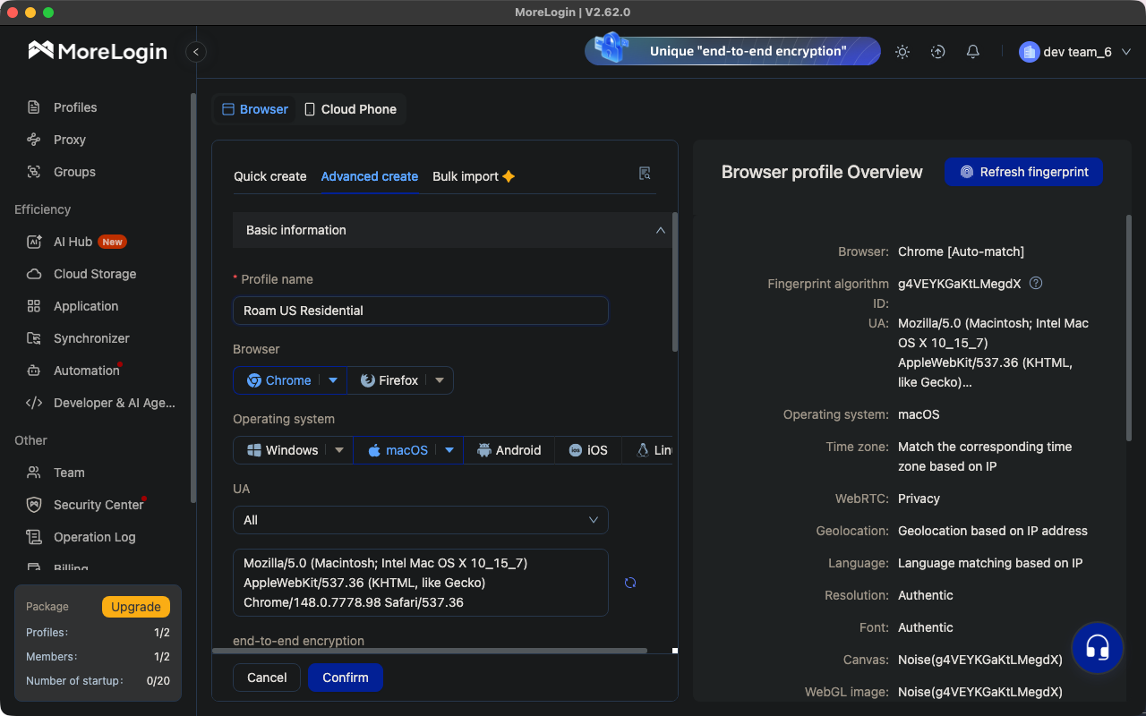 Вкладка Advanced create в MoreLogin с профилем Roam US Residential и панелью обзора отпечатка