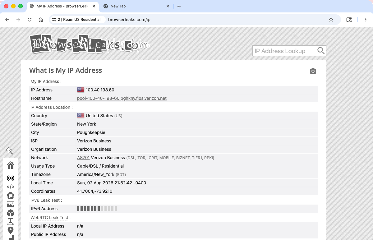 browserleaks.com внутри браузера профиля MoreLogin показывает резидентный IP Verizon FiOS в Покипси, Нью-Йорк