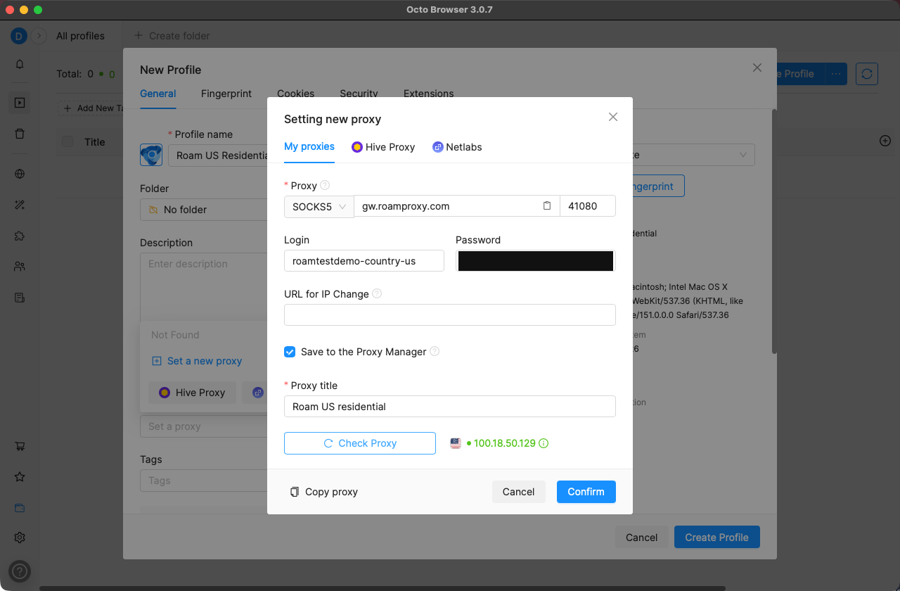 Octo Browser 点击 Check Proxy 后显示 Proxy connection succeeded 和绿色的美国出口 IP
