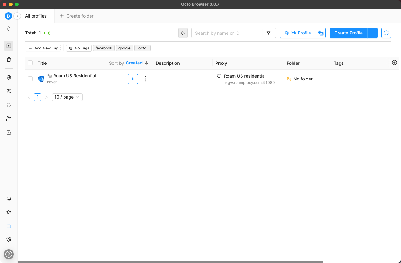 Octo Browser 的 All profiles 列表,Roam US Residential 这一行的 Proxy 列显示 gw.roamproxy.com:41080