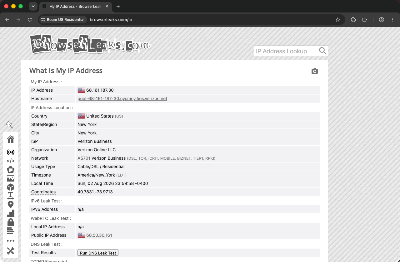 Octo 环境浏览器里的 browserleaks.com,显示纽约的美国 Verizon FiOS 住宅 IP,Usage Type 为 Cable/DSL / Residential